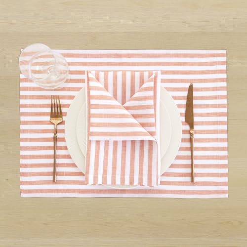 Image of Solino Home 100% Linen Napkins, 20 x 20 in, Orange, Amalfi Stripe, Set of 4