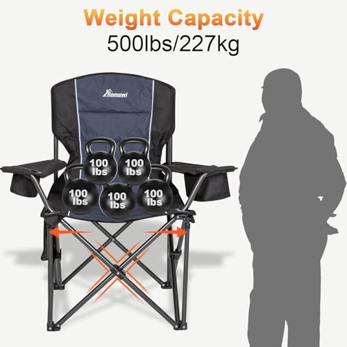 Image of Romswi Oversized Camping Chairs,Heavy Duty Support 500 LBS,Padded Back & Arm Sport Chairs, Cup Holder Cooler Bag, Collapsible Folding Chairs for Outdoor, Fishing & Garden, Black,2-Pack