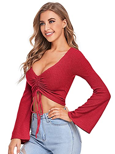 Image of SweatyRocks Women's Adjustable Drawstring String Long Bell Sleeve Rib Knit Sexy Crop Top