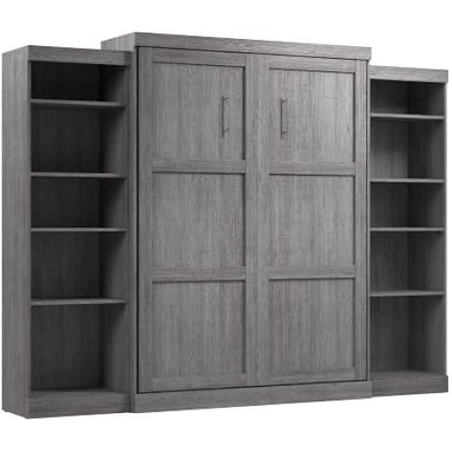 Bestar Queen Murphy Bed and 2 Shelving Units, Bark Grey, Pur, 115W