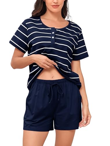 Sopesil Pijamas Mujer Manga Corta Conjunto de Pijama de Algodón a Rayas con Bolsillos Ropa de Dormir Suave y Acogedor Lounge Wear para Mujeres