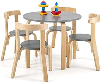 Costzon Kids Table and Chair Set, 5-Piece Wooden Activity Desk Set w/Toy Bricks, Classroom Playroom Daycare Furniture for Playing, Drawing, Reading, Bentwood Toddler Table and Chairs (Grey)