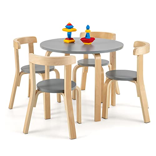 Costzon Kids Table and Chair Set, 5-Piece Wooden Activity Desk Set w/Toy Bricks, Classroom Playroom Daycare Furniture for Playing, Drawing, Reading, Bentwood Toddler Table and Chairs (Grey)