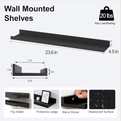 Image of Black Floating Shelves for Wall Decor, 24 in Shelf with Lip Set of 2
