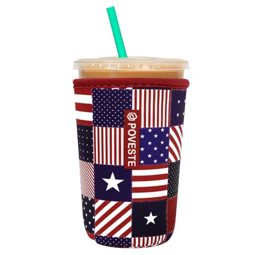 Image of Reusable Neoprene Insulator Sleeve for Iced Coffee & Cold Soda, Coffee Sleeves for Iced & Hot Drinks, Cold Beverage Cooler Compatible with Starbucks, Dunkin (Patriotic Flags, Medium: 22-24oz)