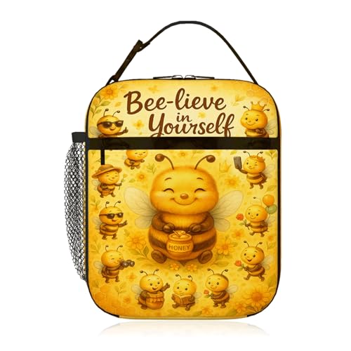 Kids Insulated Bee Lunch Bag – Honeycomb Print Reusable Cooler Tote with PEVA Liner, Front Zip Pocket & Side Mesh Bottle Holder for School, Daycare, Preschool (8"W x 10"H x 4"D)