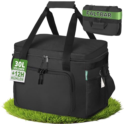 Cottara® Bolsa isotérmica plegable grande con aislamiento impermeable de 30 l – Bolsa isotérmica grande plegable a prueba de fugas – Ideal para la compra, bolsa térmica o bolsa de picnic – Negro