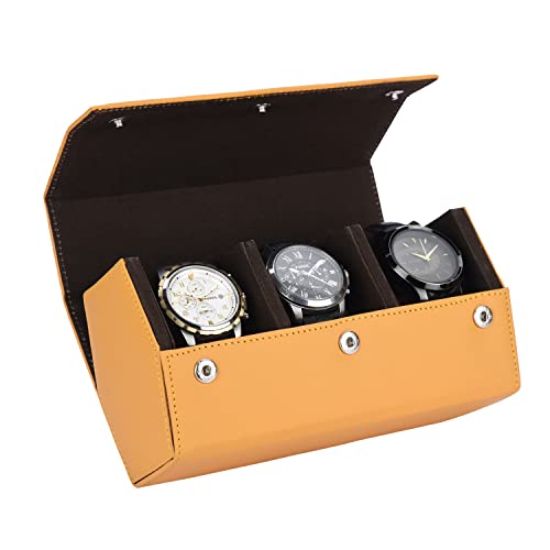 Image of essart Premium Leather 3 Slot Watch Roll Watch Storage Box Premium Timepiece Organizer Box Compact Travel Watch Organizer Secure Watch Holder with Mustard Colour