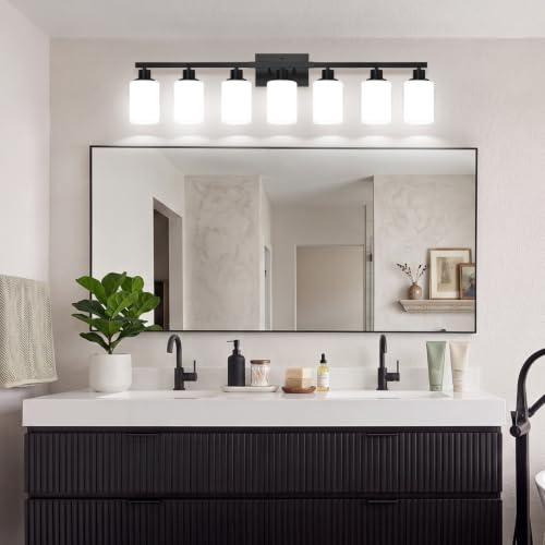 Image of MOKATNG 7-Light Bathroom Light Fixtures, Vanity Light with Milky White Shades, Matte Black Bathroom Light Fixtures Over Mirror, Modern Bathroom Wall Lamp for Mirror Living Room Cabinet Bedroom
