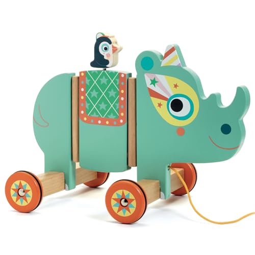 Djeco Ziehtiere Vilma : rhinocéros en bois articulé avec oiseau mobile
