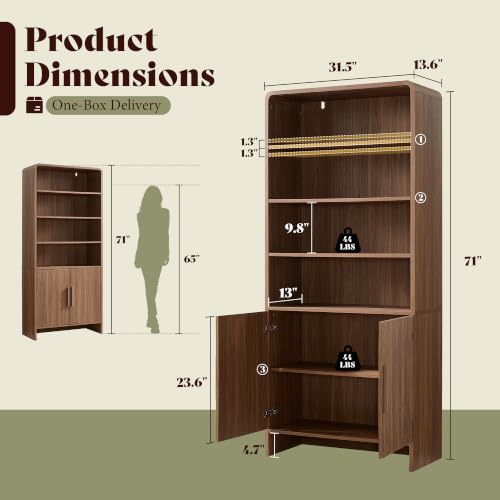 Image of AMERLIFE 71 inch Modern Bookcase Set of 2 with Storage Cabinet, 6-Tier Bookshelf with 3 Adjustable Shelves & Fluted Doors, Wood Curved Display Cabinet for Living Room, Dining Room, Home Office, Brown
