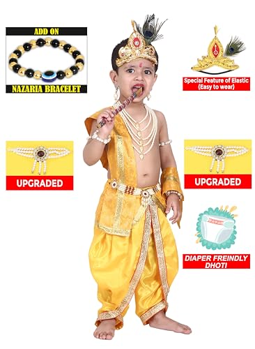 Image of Raj Fancy Dresses Shri Krishna Dress for Baby Boy & Girl, Janmashtmi Dress with Diaper-friendly Dhoti & Dupatta, Mor Pankh Mukut