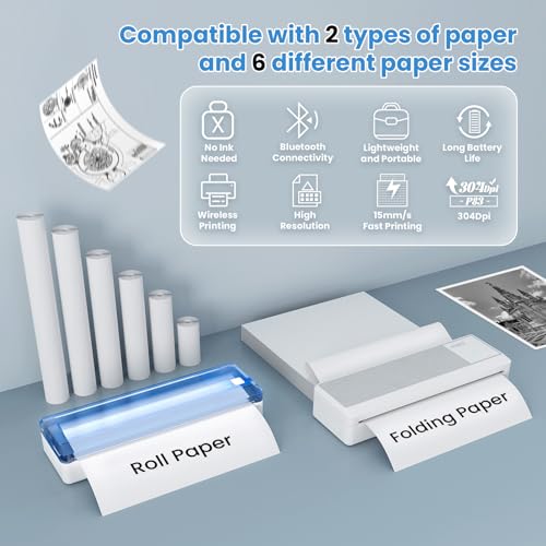 Image of vretti P83 Portable Printers Wireless for Travel, A4 Portable Thermal Printer, Mobile Inkless Printer Compatible with Phone & Laptop, Supports 8.5 x 11 US Letter for Car School Office Home Use, White