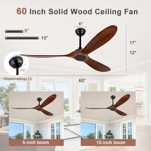 Image of 60 inch Ceiling Fan [No Light with Remote Control], Indoor Outdoor Ceiling Fan [with 3 Wooden Blades] for Patio, Living Room, Bedroom, Office, Farmhouse. Black + Walnut Color.