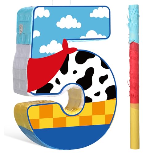 Hungdao Toy Inspired Birthday Piñata for Kids Cartoon Cow Number Piñata Decorations Summer Cartoon Game with Stick Red Scarf Blue Sky Cloud Boys Girls Baby Shower Farm Party Favor(Number 5)