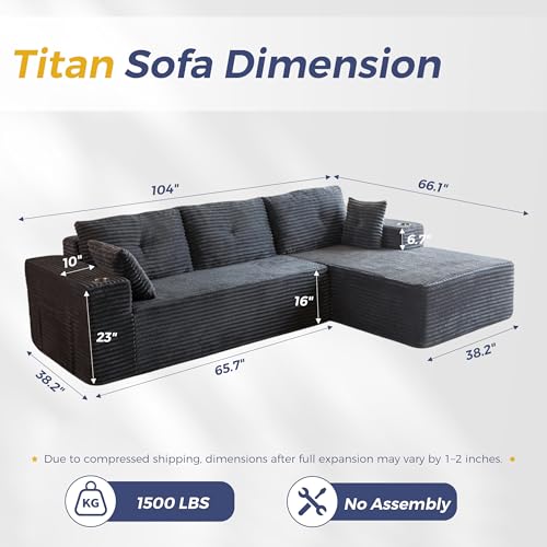 Image of MAXYOYO 104 inch Modular Sectional Couch with L-Shape Chaise, Modern Boneless Couch for Living Room, Sofa in A Box, Oversized Sofa with Deep Seat, No Assembly Required, Dark Grey