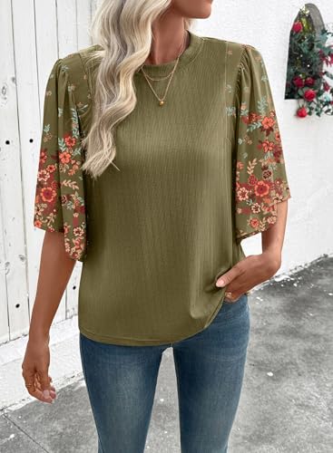 EVALESS 3/4 Length Sleeve Womens Tops Dressy Casual Blouses Cute Bell Sleeve Tops Floral Print Crewneck Patchwork Shirts 2026 Trendy Spring Summer Outfits Beach Vacation Clothes Jungle Green XX-Large — view 3