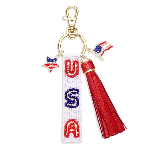 PHALIN 4th of July Keychain for Women Beaded American Flag