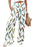 JZC Casual Palazzo Pants for Women Lounge Pants Stretchy Wide Leg Trousers with Elastic Waistband Leaf L