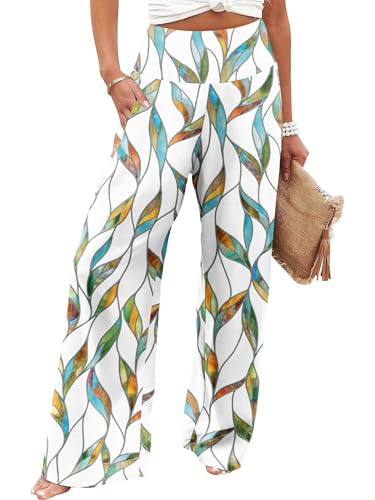 JZC Casual Palazzo Pants for Women Lounge Pants Stretchy Wide Leg Trousers with Elastic Waistband Leaf M
