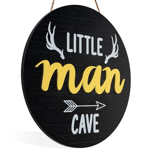 Image of YELLOW LOTUS Little Man Cave Sign - 11" Large 3d Woodland Nursery Wall Decor, Toddler Baby Boy Room Decor, Wooden Nursery Signs, Easter Gifts for Kids Playroom, Deer Antler Hunting Decor, Black