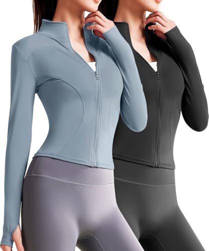 MK MATT KEELY Women's 2 Pack Workout Full Zip Jackets Slim Fit Running Track Athletic Jackets Lightweight Cropped Yoga Tops with Thumb Holes
