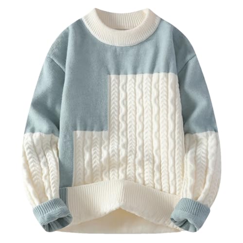 Men's Warm Knit Pullover Sweater Patchwork Design O-Neck Full Sleeve Loose Fit Slim Fit Casual Sweater