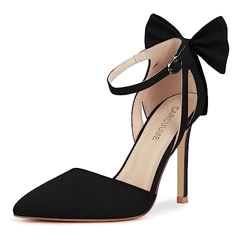 Carcuume Womens Bow Tie Back Heels Close Toe Pumps Stiletto High Heels Wedding Shoes Ankle Strap Heel Sandals,BELLEOO-BLACK-10 Cover