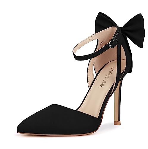 Carcuume Women's Closed Toe Heels Bow Stiletto Heel Sandals Pointed Toe Pumps Wedding Shoes, BELLEOO-Black-8