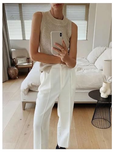 Image of SweatyRocks Women's Hollow Out Sleeveless Knit Top Crewneck Split Sweater Vest Khaki X-Large
