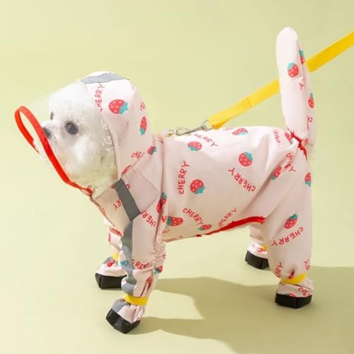 HDKUW Capa de Chuva e Sapatos de Chuva para Cães Pequenos, Jaqueta Refletiva com Anel D, Morango
