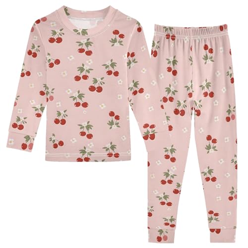 Flowers Cherry Cute Simple Pattern Cute Pajama Sets Long Sleeve Top and Pants, Snug Fit Sleepwear for Night Wears