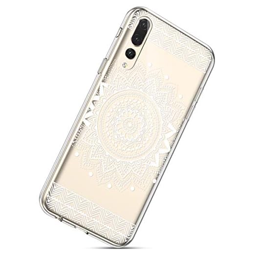 Herbests Kompatibel med Huawei P20 Pro fodral silikon mobiltelefonfodral transparent TPU-fodral klart TPU skydd mobiltelefonväska kristall skyddande fodral mjuk silikon stötfångare fodral, vit mandala blommor
