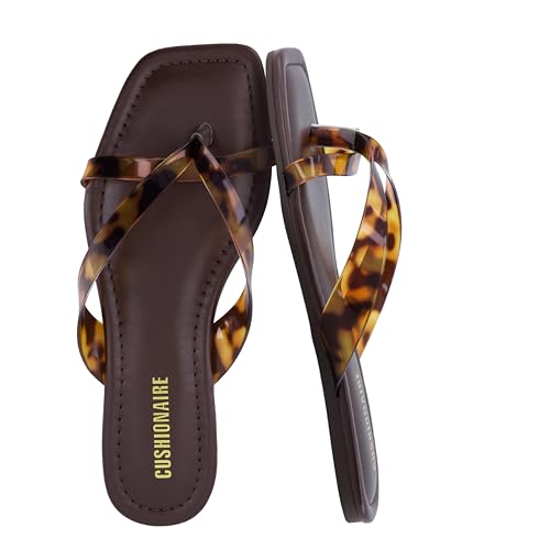 CUSHIONAIRE Titan Square Toe Flip Flops for Women, Dressy Slip On Flat Womens Sandals with Cushioned Footbed, TORTOISE 7