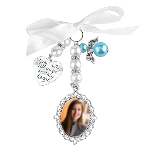 SAVITA 1 Stück Hochzeitsstrauß Foto Charm mit 1 Stück Ovale Glascabochon 1 Stück Bilderrahmen Ästhetisch Brautstrauß Charm Foto mit Schleifenknoten Strass Perle Herz-Anhänger für Hochzeitsfeier