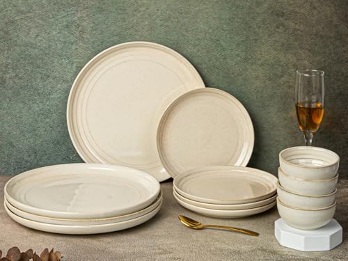 Image of Bodhi House Handcrafted Chip Resistance Porcelain Dinner Set, 12 Pieces Dish Set Serving for 4, Microwave and Dishwasher Safe, Bone-ash Free, Crockery Set for Dining and Gifting, Spanish White