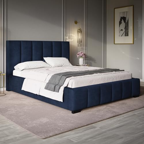 MOTIVENA Milan Bett 200x200 Blau Samt, mit Stauraum, mit Kopfteil, mit Lattenrost, mit Füßen, ohne Matratze, Polsterbett 200x200 mit Bettkasten Blau (Dunkelblau)