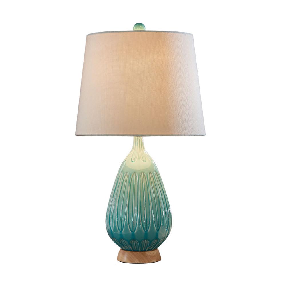 SGKOMN Farmhouse Ceramic Table Lamp For Bedroom, Modern Lamp For Living Room End Table With Solid Wood Base, Rustic White Fabric Shade Bedside Lamp For Nightstand Desk, No Bulb-40 * 65cm