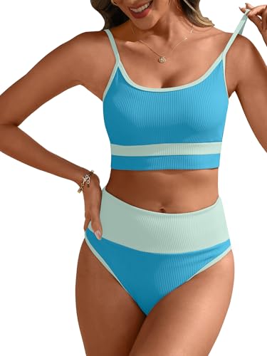 Image of ANRABESS Women's High Waisted Bikini Sets,Color Block 2 Piece Swimsuits,Tummy Control Bathing Suits,Thick Ribbed Beach Wear