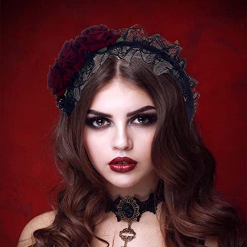 Gortin Gothic Lolita Headband Black Halloween Headpieces Red Rose Flower Hair Bands Masquerade Cosplay Head Hoop Makeup Ball Party Hair Accessory For Women And Girls (Red) #TOP3