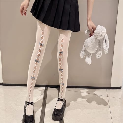 Image of SOLILOQUY Women's Lolita Pattern Tights Kawaii Velvet Bowtie Fishnet Stockings Leggings Mesh Pantyhose Hollow Out lace Socks