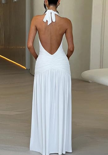 Image of Famnbro Womens Sexy Halter V Neck Dress Sleeveless Low Back Side Slit Summer Party Cocktail Club Maxi Dresses
