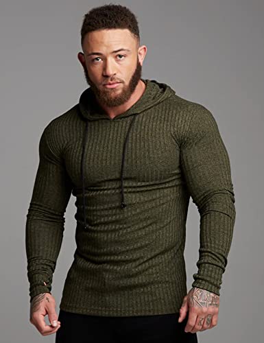 Kellorena Men's Muscle Hoodies Stretch Long Sleeve Hooded Sweatshirt Fashion Lightweight Ribbed Gym Shirt Army Green Xl #TOP3
