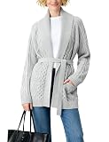 Majdan Womens Cable Knit Open Front Cardigan Casual Long Sleeve Wrap Sweater with Removable Belt (LightGrey-S)