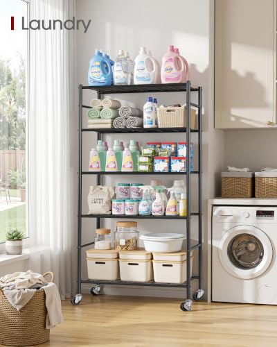 Image of Sakugi 5-Tier Storage Shelves 33.1 inch x12.6 inch x73.5 inch Black with Wheels