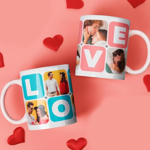 Transparent Gift Taza Personalizada LOVE con Cinco Fotos Novios. Tazas Personalizadas para Parejas. Regalos Originales para Hombre y Mujer. Regalos Personalizados con Foto San Valentín, Aniversario