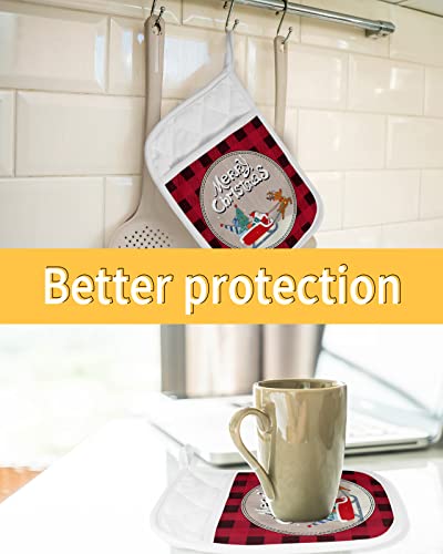 Christmas Santa's Reindeer Pot Holders With Pocket For Kitchen, Heat-Resistant Potholders Set Of 2, Hot Pads Oven Mitts With Hanging Loops For Home Cooking Baking Microwave, Buffalo Plaid Red Black #TOP6