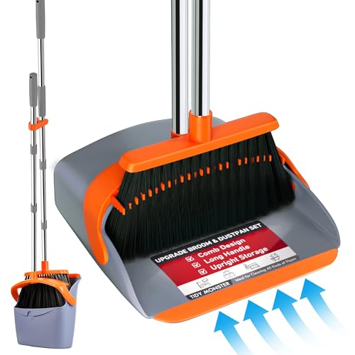 Upgraded Broom and Dustpan Set, 52' Long Handle Standing Combo with Self-Cleaning Teeth – Perfect for Pet Hair, Kitchen, Office, Home, Indoor & Outdoor Cleaning(Orange & Gray)