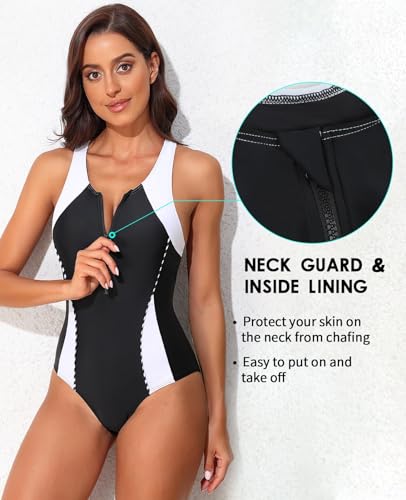 Charmo Damen Badeanzug Bauchweg Sport Schwimmanzug Einteiler Vorne Reißverschluss Bademode mit Cups Swimsuits for Women 3