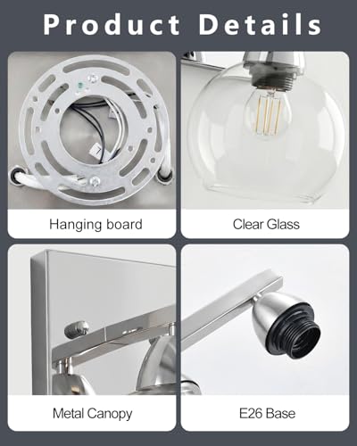 Image of Bathroom Light Fixtures, 1-Light Silver Vanity Light with Hand-Blown Thick Glass Shade, High Clarity & Durable, Wall Sconce for Mirror, Kitchen, Bedroom, Hallway